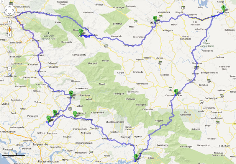 Planned route - Talakavery - Madikeri - Kushalnagar